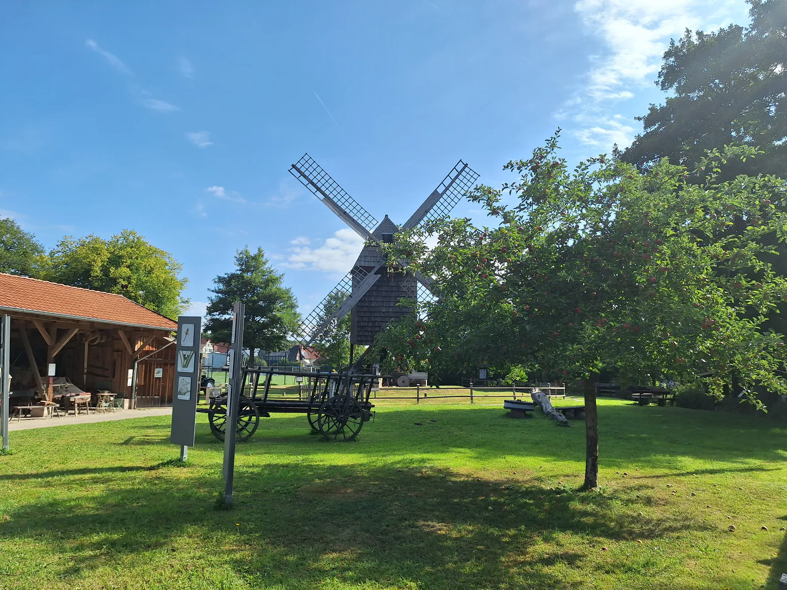 Historic windmill and old carriage on the outdoor grounds of the European Bread Museum Ebergotzen