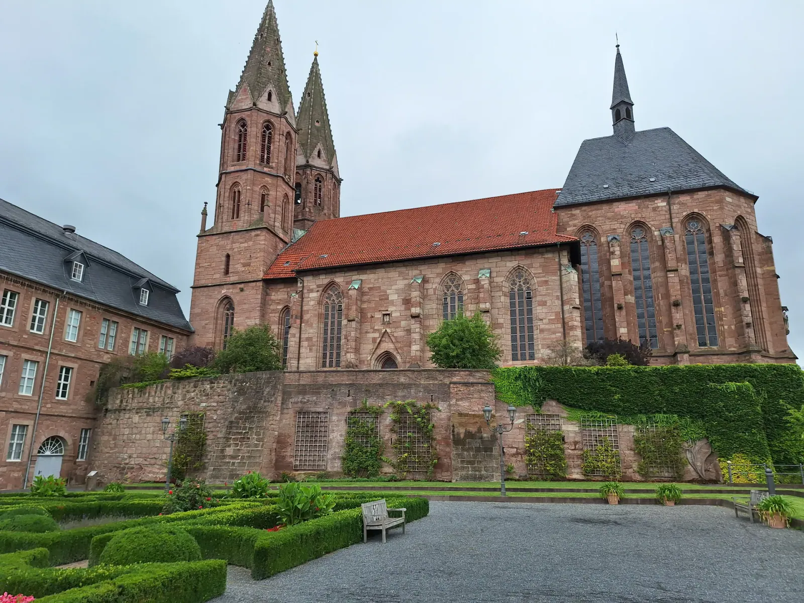 St Mary's Church with twin towers and baroque cloister garden in Heilbad Heiligenstadt