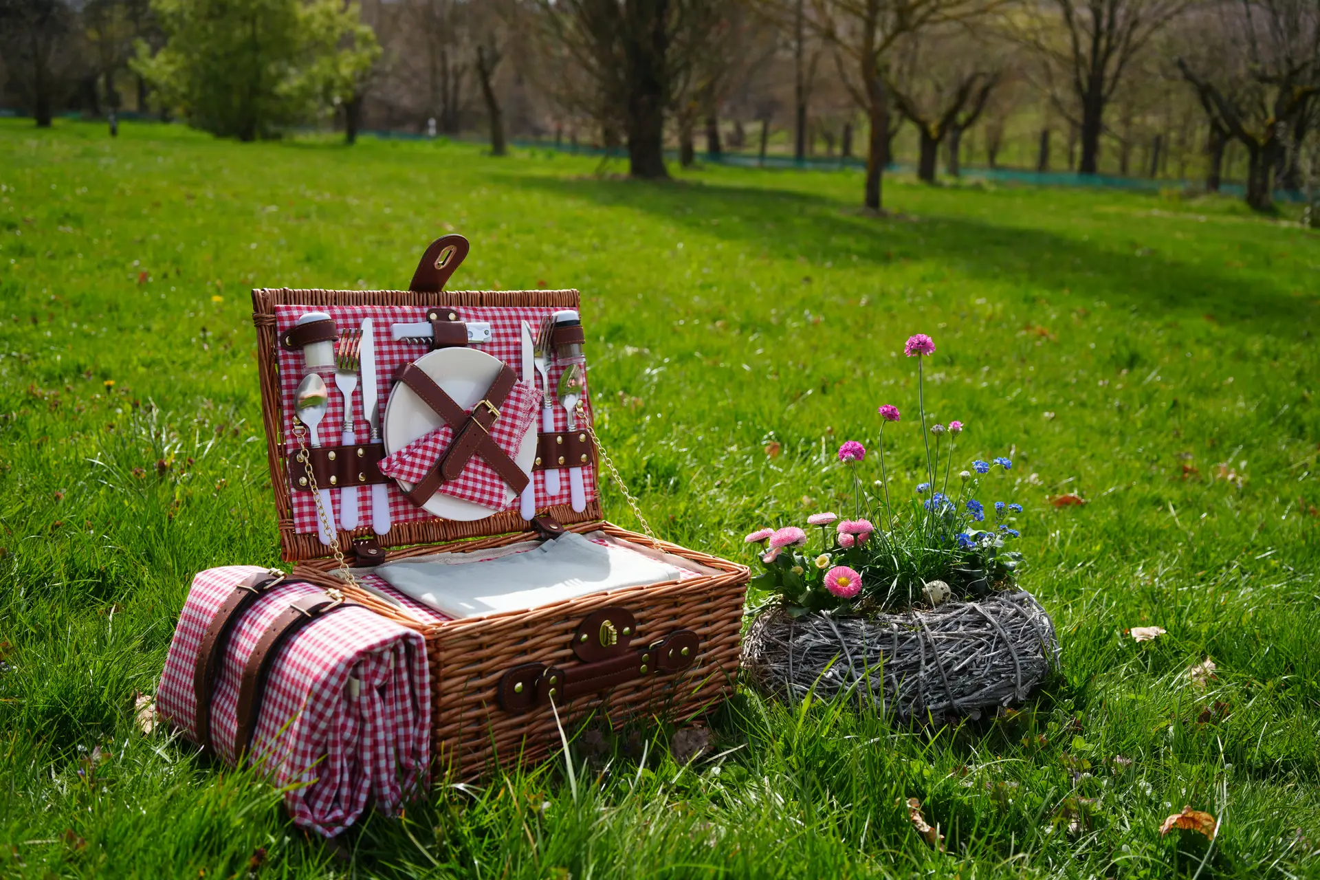 Picnic basket with contents on the meadow