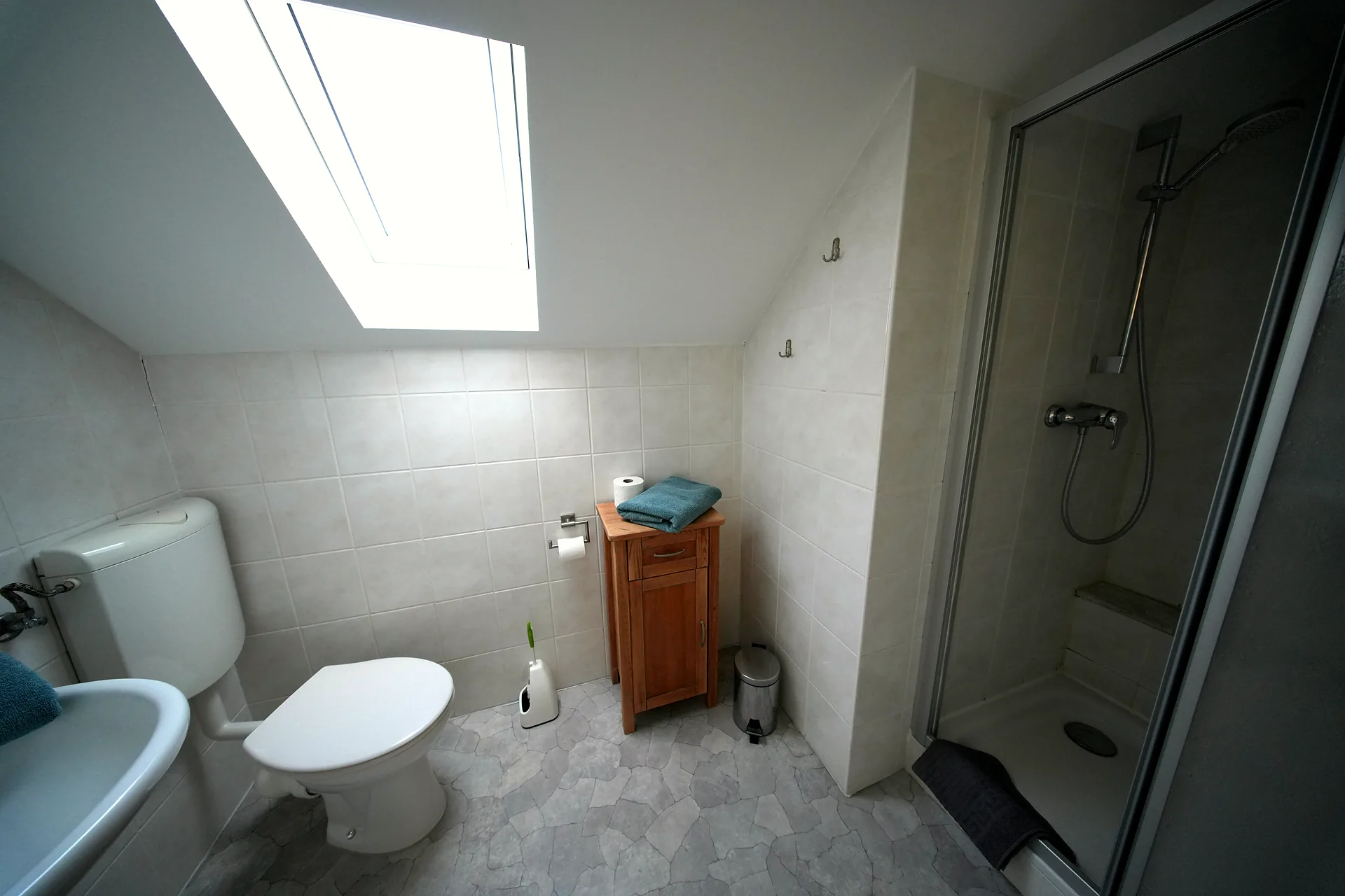 Bathroom with shower under sloped ceiling and skylight